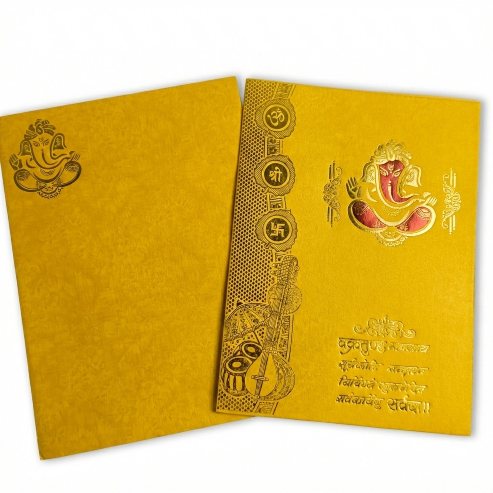 Gold Oval Floral Ganesha Wedding Card-140B/2